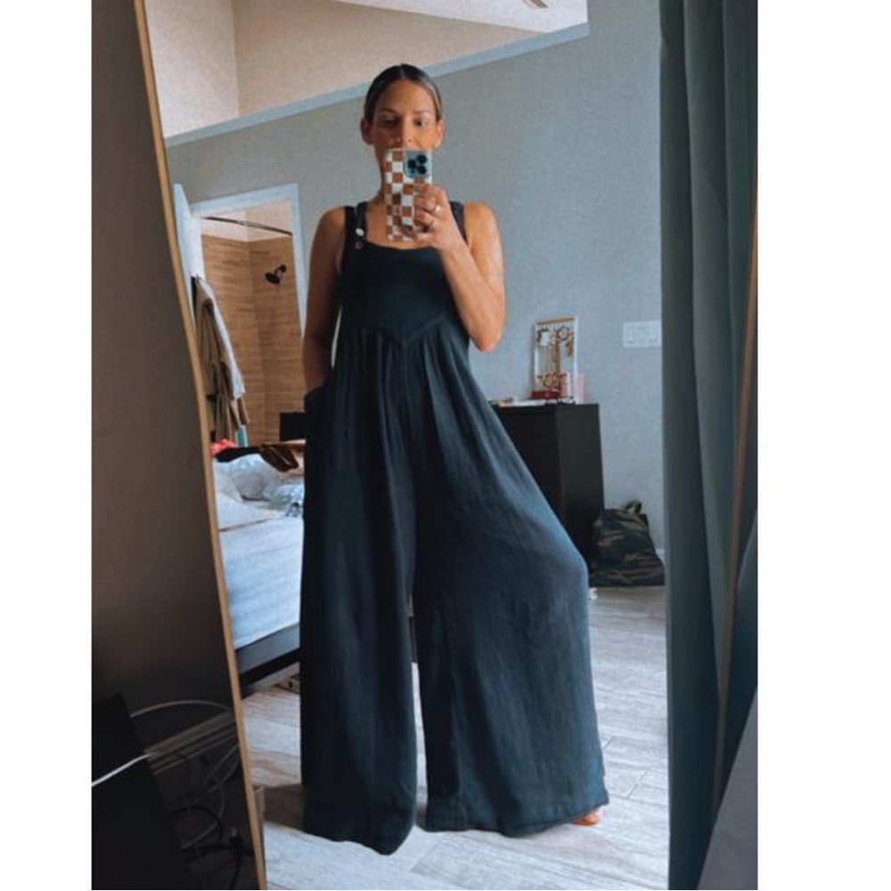 Free People Sun Drenched Overalls Black Sleeveless Jumpsuit Button Details S NWT - Picture 6 of 13